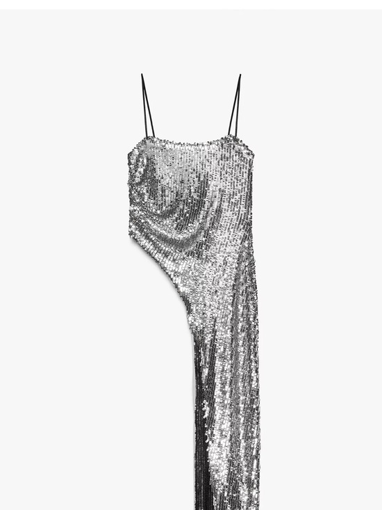 Zara Tops - Silver Sequin Asymmetric Slip Top with Spaghetti Straps